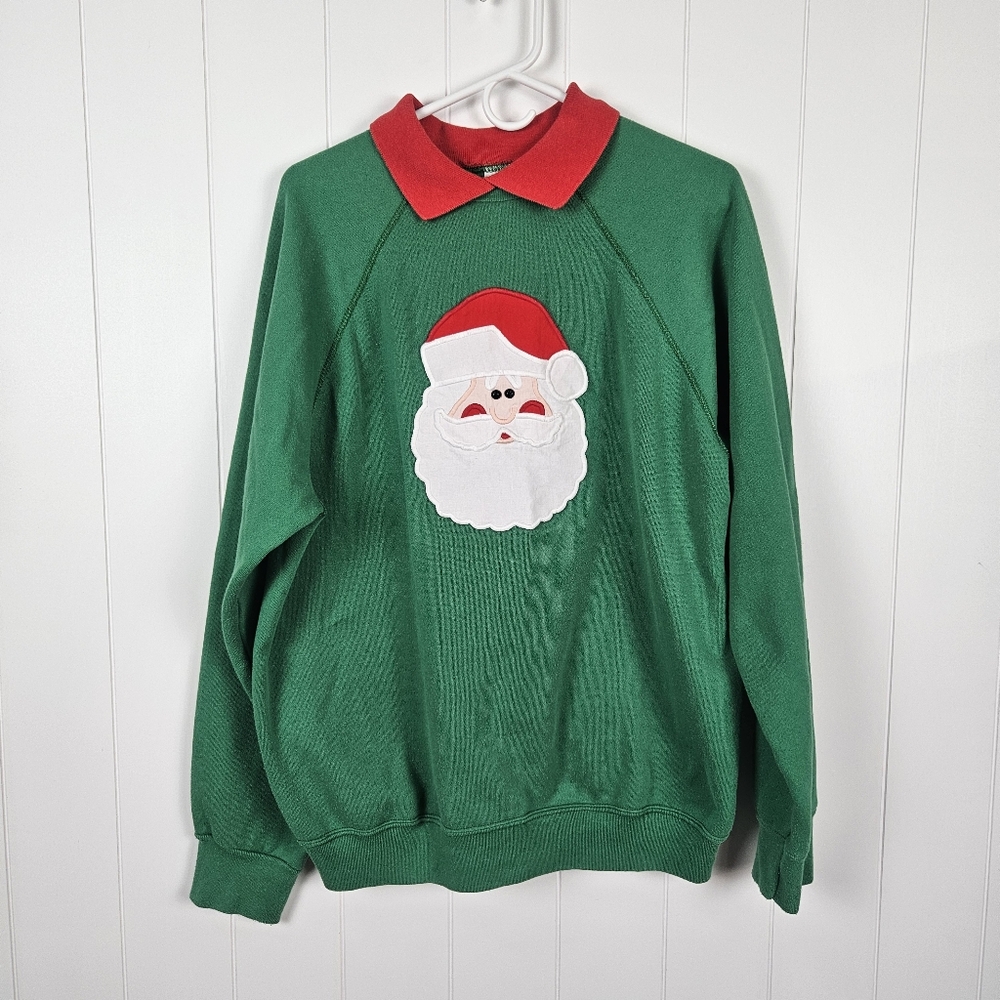 Vintage Ugly Christmas Sweatshirt Collar XL Green Red Santa Applique Holiday